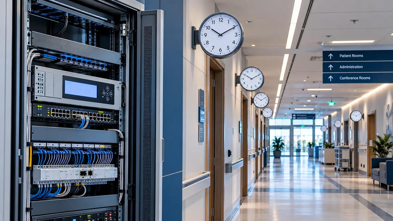 Commercial building where coordinated time displays may be useful